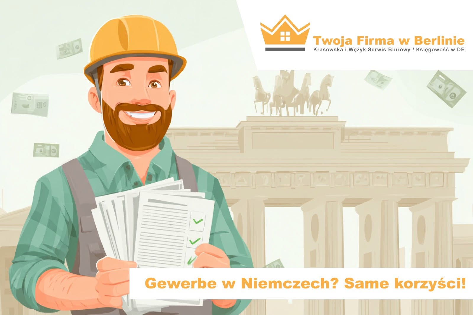 Mężczyzna w kasku budowlanym trzymający dokumenty z tłem przedstawiającym Brandenburską Bramę.