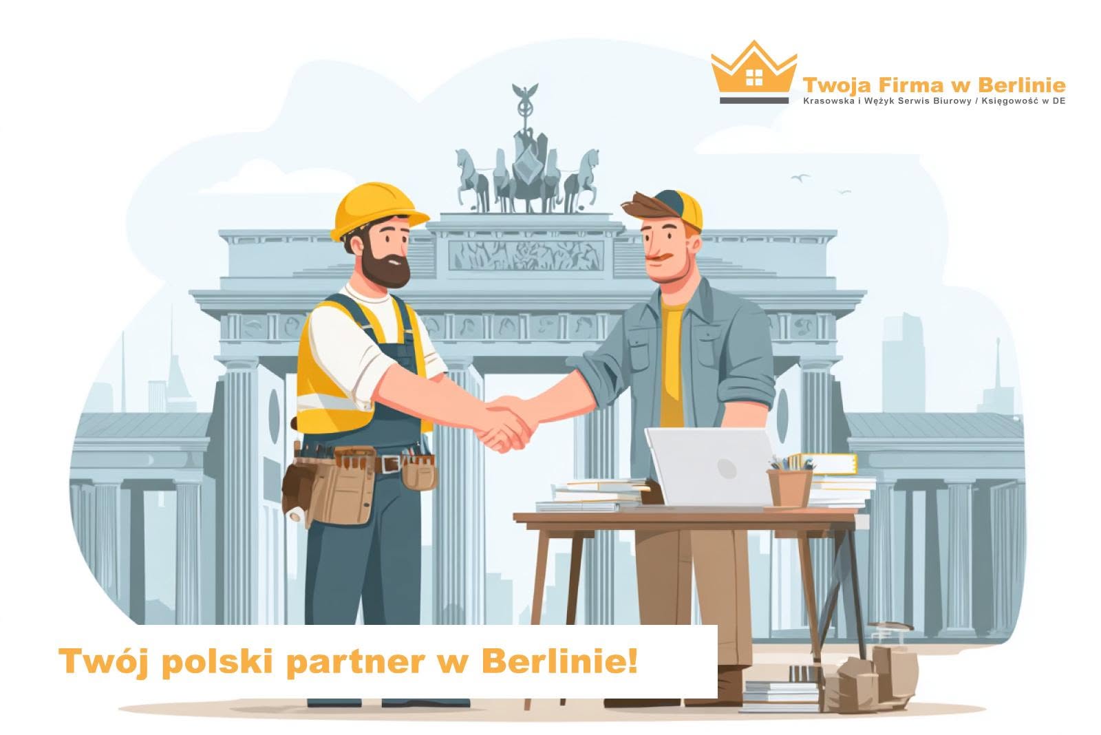 Dwóch mężczyzn w odzieży roboczej podaje sobie ręce przed Bramą Brandenburską w Berlinie.